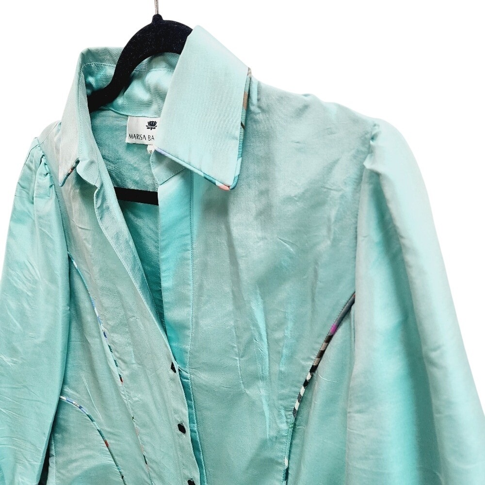 Marisa Baratelli Aqua Blue 100% Thai Silk Button Up Blouse Top Size 10 - Picture 3 of 8